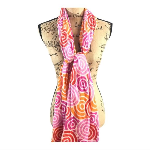 Pink Orange White Scarf or Wrap with Pink Pom Pom Trim - Picture 8 of 14